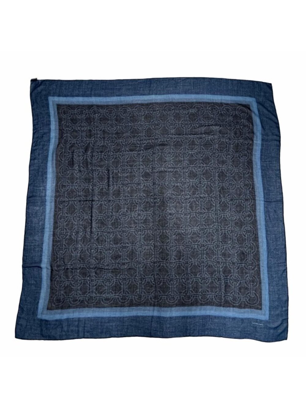 Hermes Carre Geant Cashmere Silk Chain All Over Print Large Shawl Scarf Navy